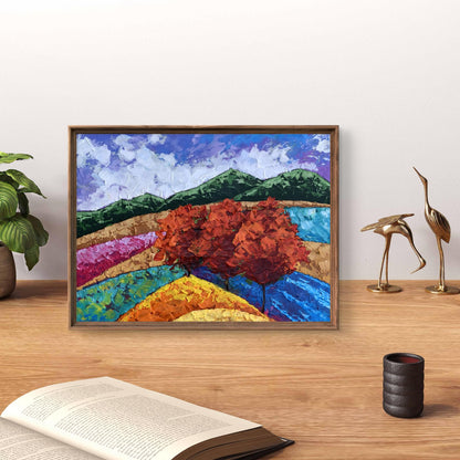 Oil painting Three trees and mountains by V. Zadorozhnya in rustic frame