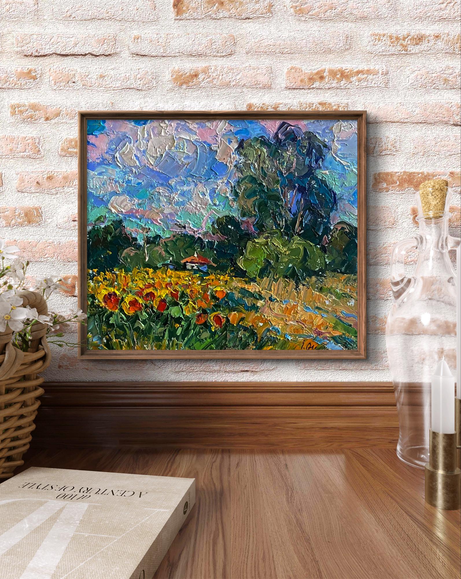 Framed oil painting of sunflowers field by Oleksiy Ivanyuk