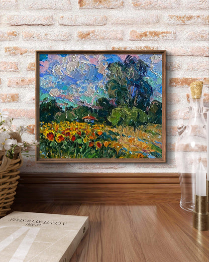 Framed oil painting of sunflowers field by Oleksiy Ivanyuk