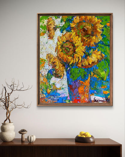 Vibrant impressionist oil painting of sunflowers by Oleksiy Ivanyuk in textured frame