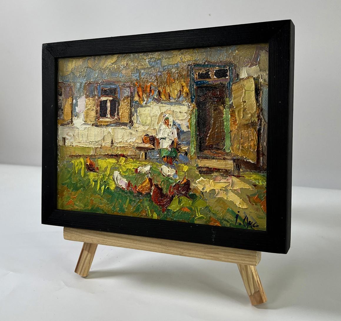 Oil painting Chickens in the yard by Oksana Ivanyuk on wooden easel