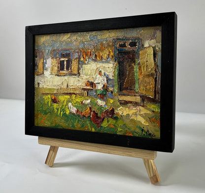 Oil painting Chickens in the yard by Oksana Ivanyuk on wooden easel