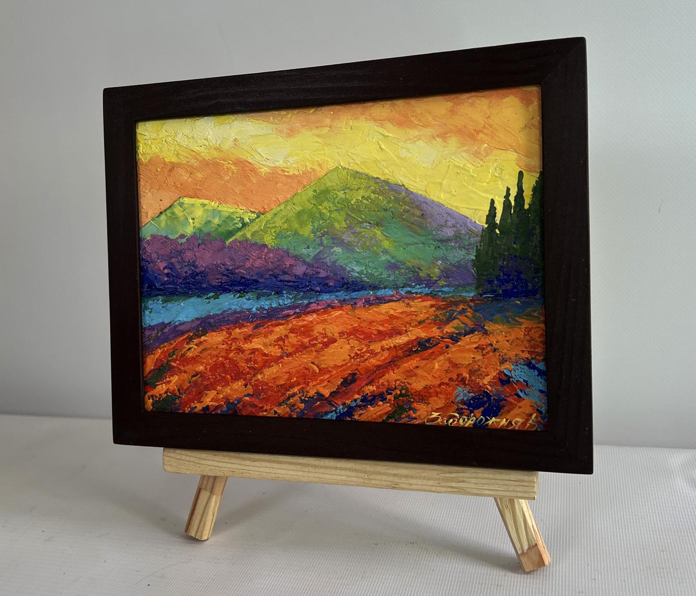 Oil painting Evening walk near the mountains by V. Zadorozhnya in dark frame