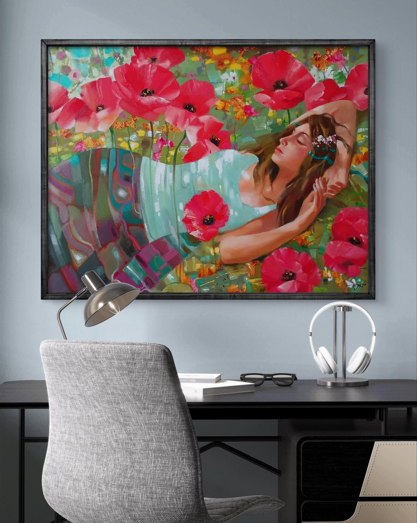 Abstract oil painting of red poppies by Anatoly Tarabanov with woman in blue dress