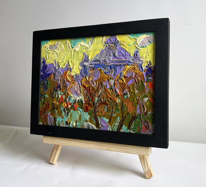 Oil painting City yellow sunset by Oleksiy Ivanyuk in black frame