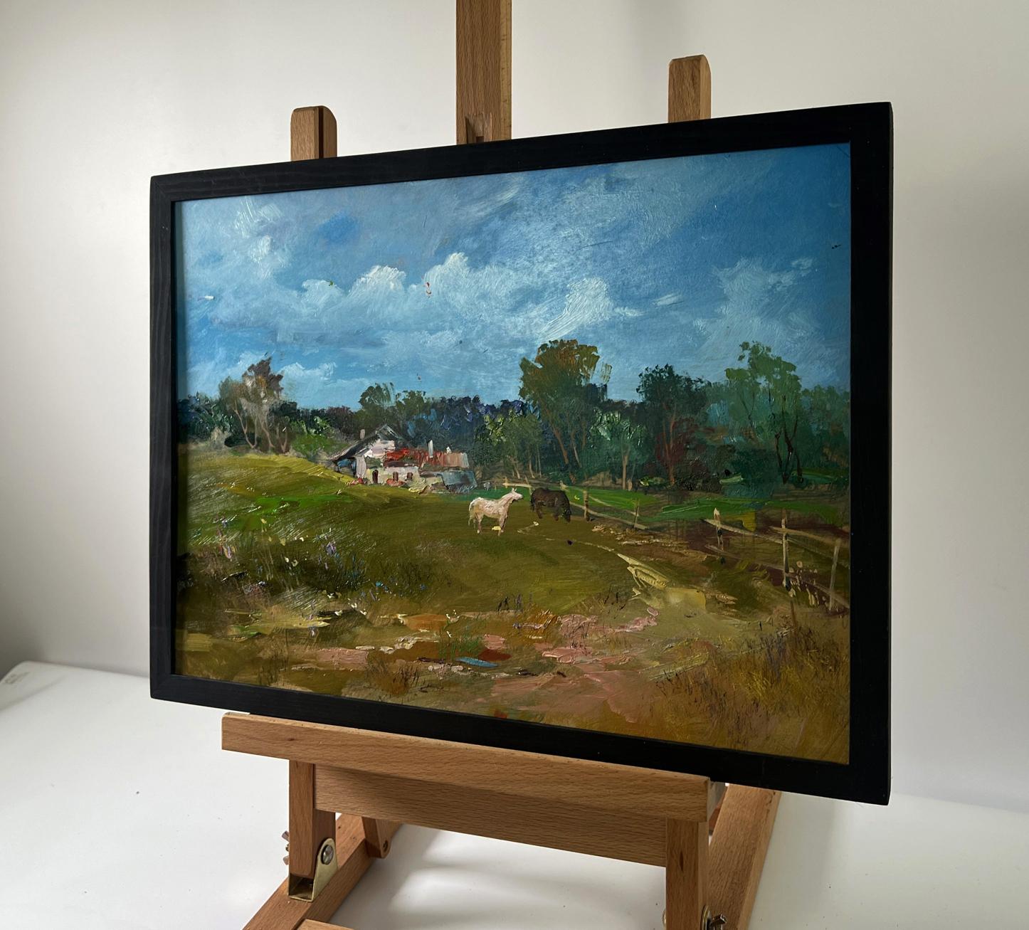 Framed oil painting Village with horses by Yuriy Suprunchuk, pastoral landscape