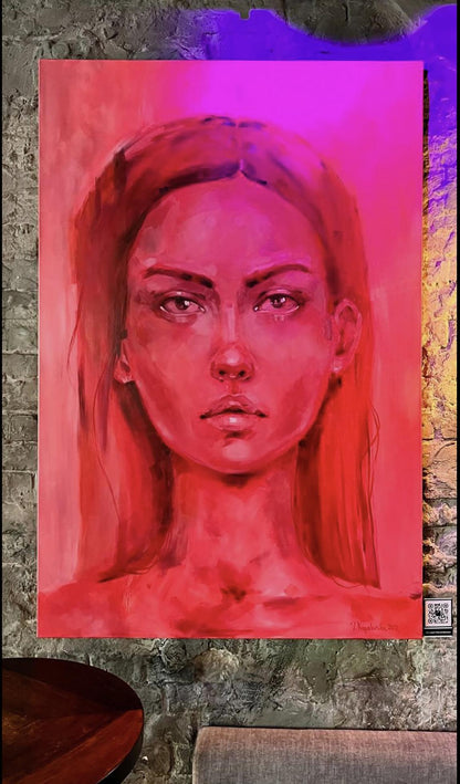 Vibrant red portrait oil painting Doubt by Victoria Kagalovska