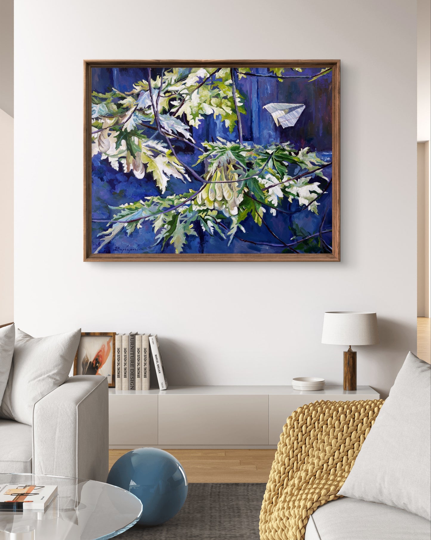 Oil painting Maple by Varvarov Anatoly Viktorovich, deep blue background with green white leaves