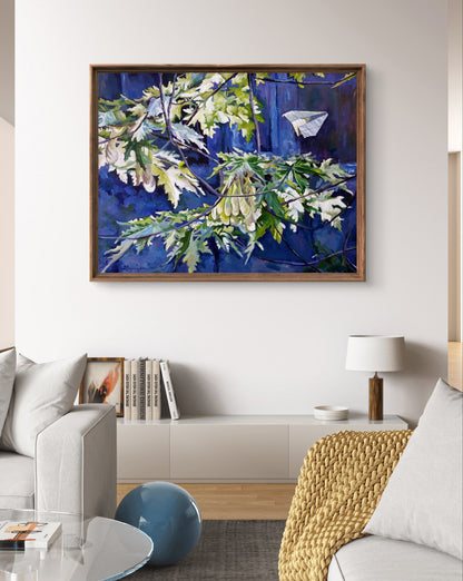 Oil painting Maple by Varvarov Anatoly Viktorovich, deep blue background with green white leaves