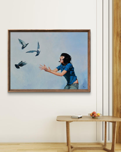 Framed oil painting So scare a dove by Oleg Kateryniuk with woman catching pigeons