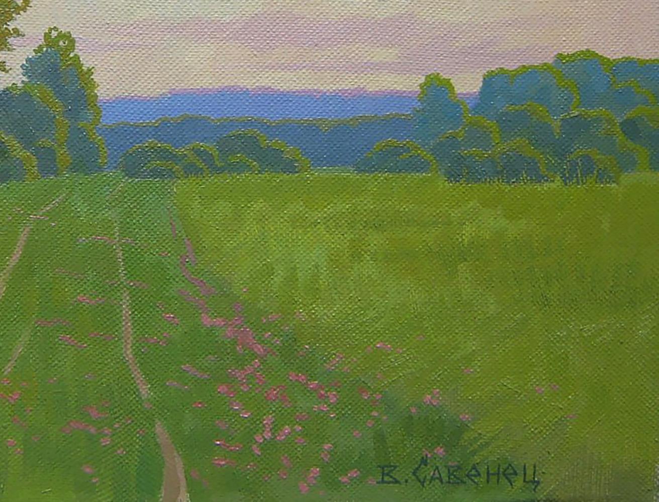 Oil painting Morning summer field by Valery Savenets: green field with pink flowers