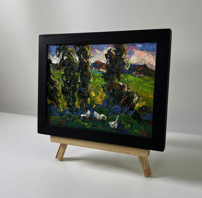 Vibrant impressionist oil painting of geese under trees by Oksana Ivanyuk