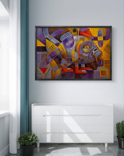 Vibrant Oil painting Fish Promenade by Sergiy Voichenko in black frame