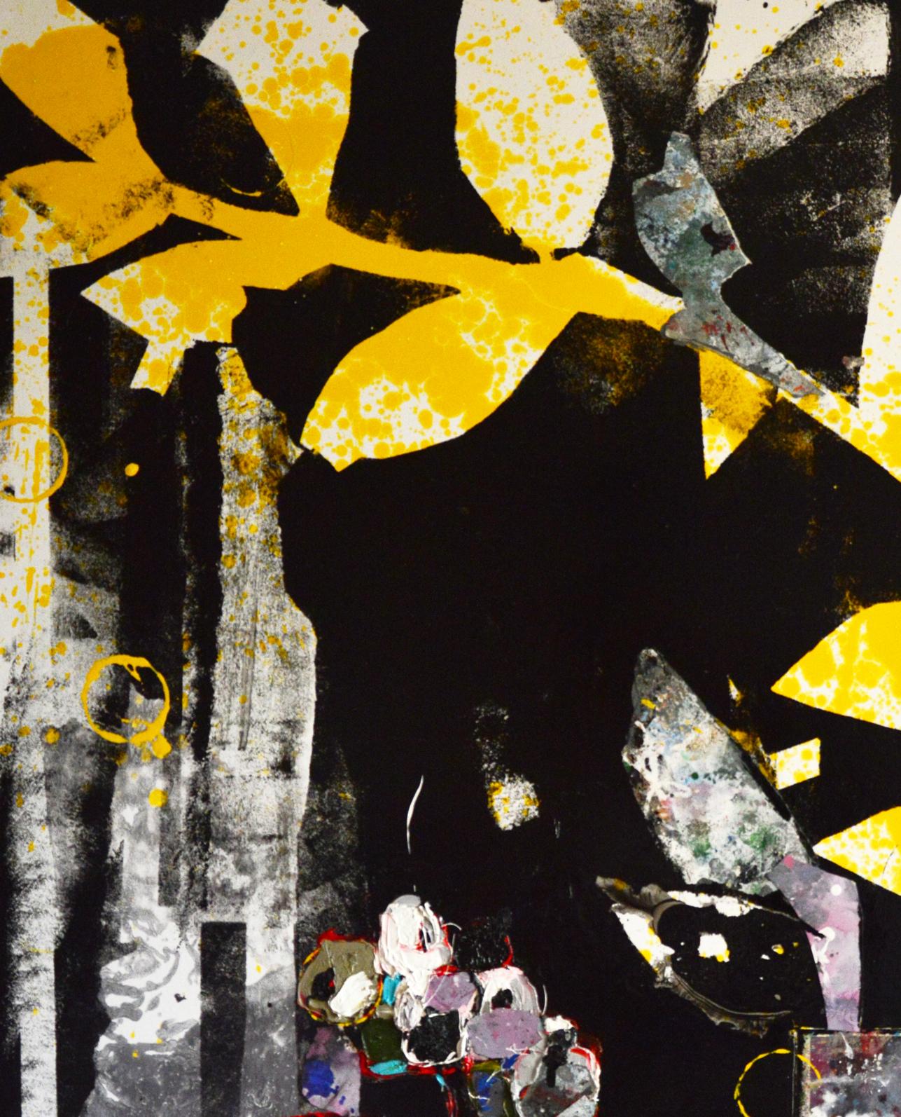 Oil painting Indoor Plants by Natalia Korf-Ivaniuk: bold yellow leaves on dark textured background