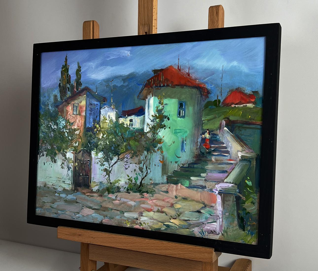 Oil painting by Yuriy Suprunchuk: city street stairs with colorful houses in black frame