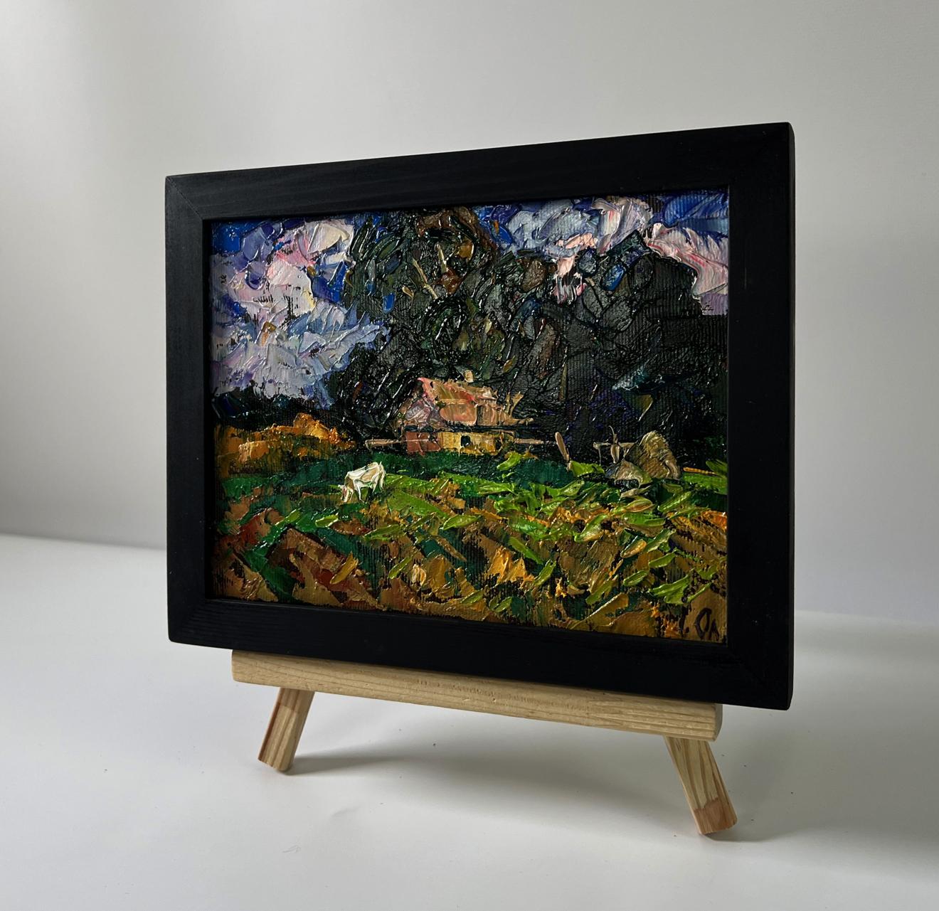 Oil painting of lonely house in vibrant green field by Oleksiy Ivanyuk