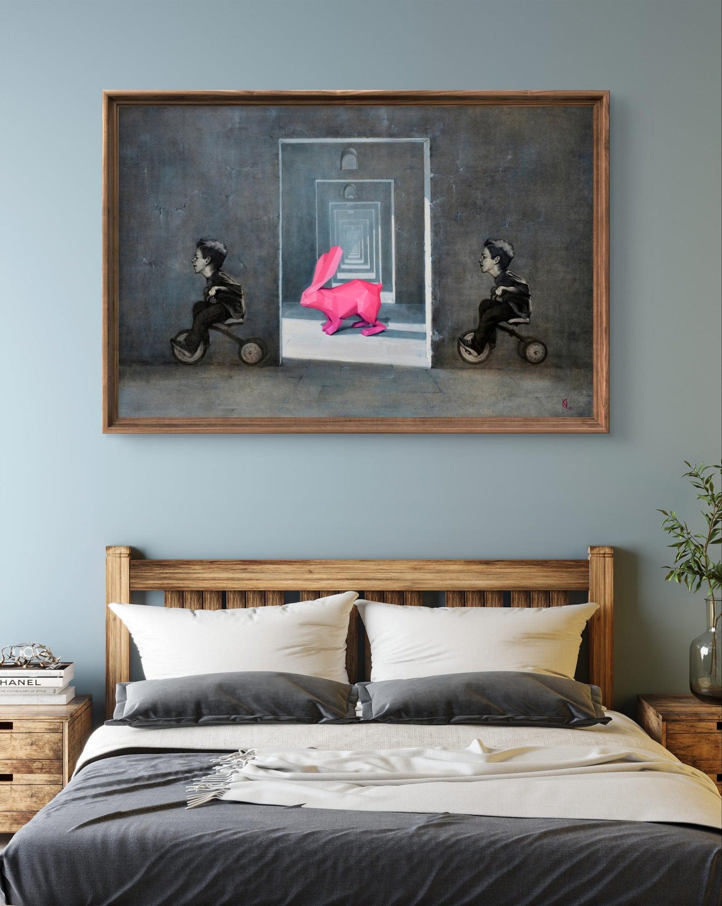 Oil painting Rabbit in the maze by Oleg Kateryniuk with tricycle kids