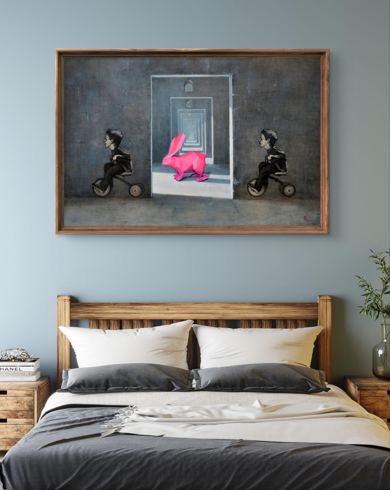 Oil painting Rabbit in the maze by Oleg Kateryniuk with tricycle kids