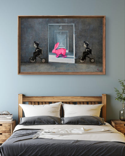 Oil painting Rabbit in the maze by Oleg Kateryniuk with tricycle kids