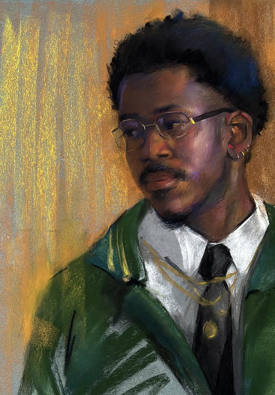 Pastel painting of Karl in suit by Annam Butt, man in green jacket and glasses