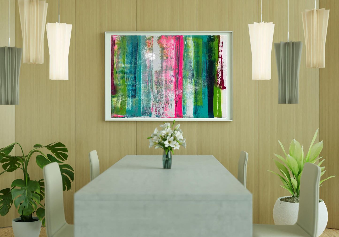 Vibrant Flow acrylic painting by Olga Melezhik with teal pink green streaks framed