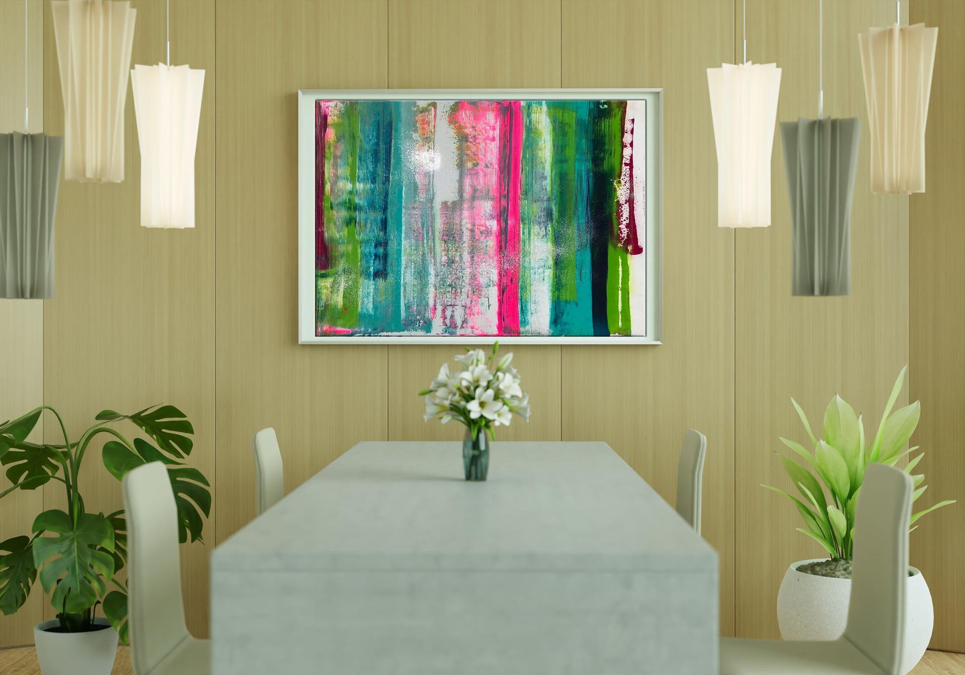 Vibrant Flow acrylic painting by Olga Melezhik with teal pink green streaks framed
