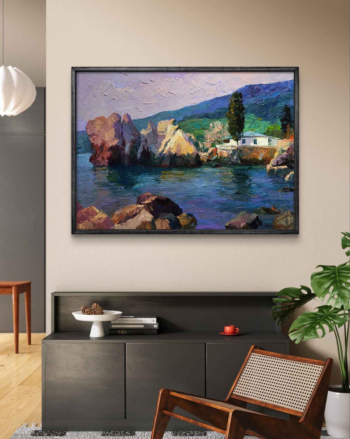 Oil painting Morning at sea by Boris Serdyuk: coastal cliffs, vibrant sea, hills, house