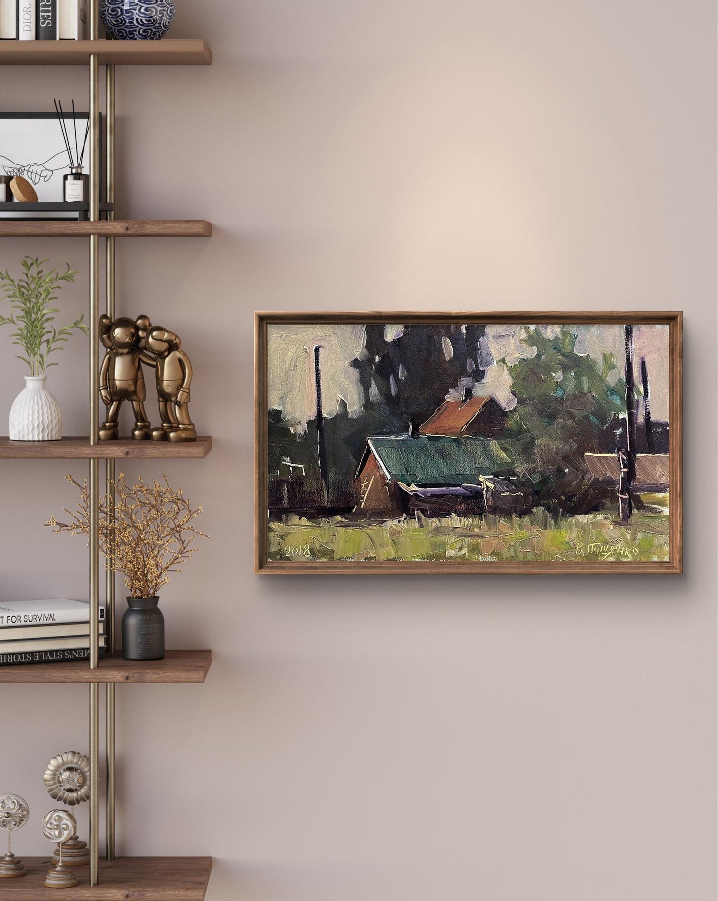 Oil painting Study in the Village by Volodymyr Pashchenko, rustic rural barn scene