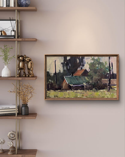 Oil painting Study in the Village by Volodymyr Pashchenko, rustic rural barn scene