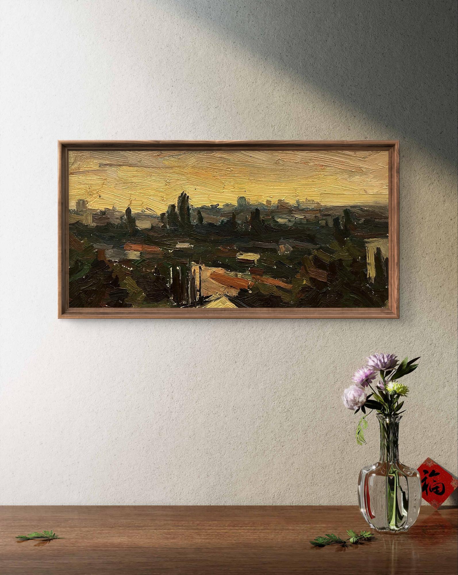 Oil painting Evening Etude by Kravets Oleg: sunset cityscape