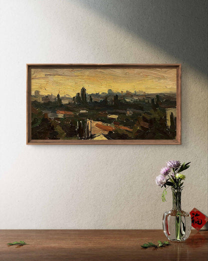 Oil painting Evening Etude by Kravets Oleg: sunset cityscape