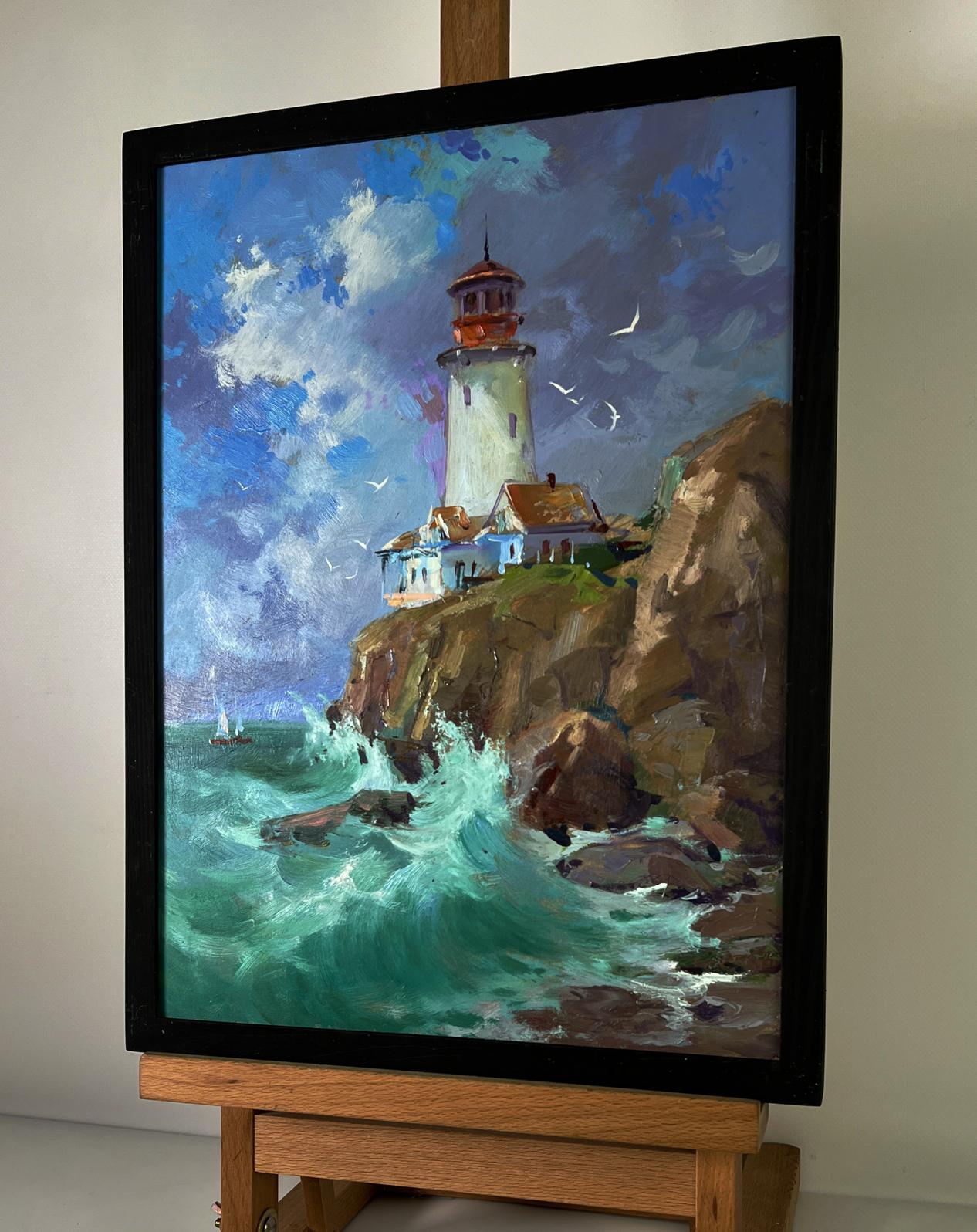 Oil painting of lighthouse on rock by Yuriy Suprunchuk in black frame