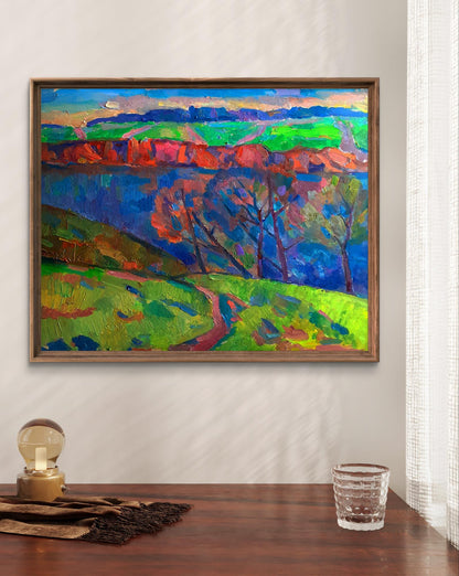 Oil painting Autumn silence on the shore by Pavel Dobrev in rustic frame
