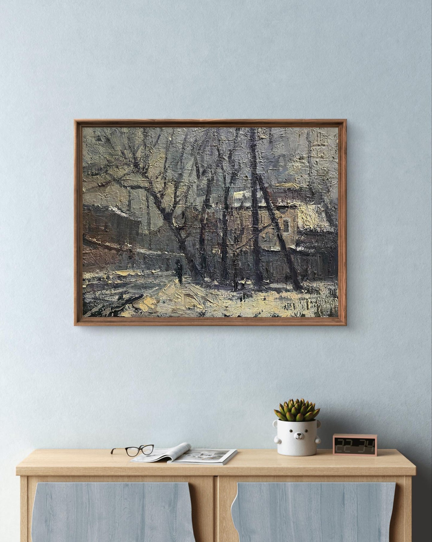 Framed oil painting To the River by Volodymyr Pashchenko, snowy landscape