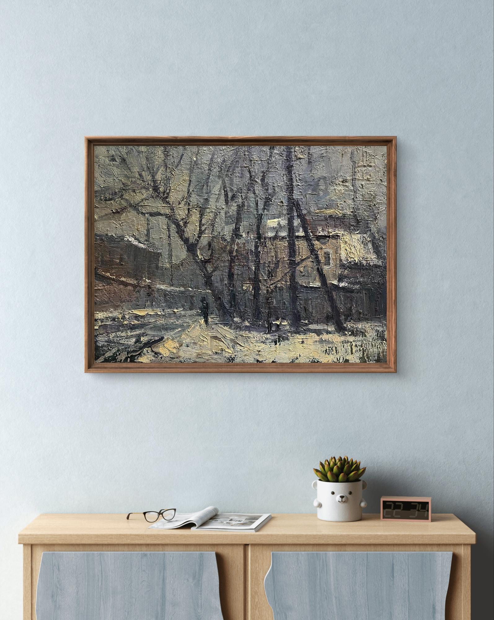 Framed oil painting To the River by Volodymyr Pashchenko, snowy landscape