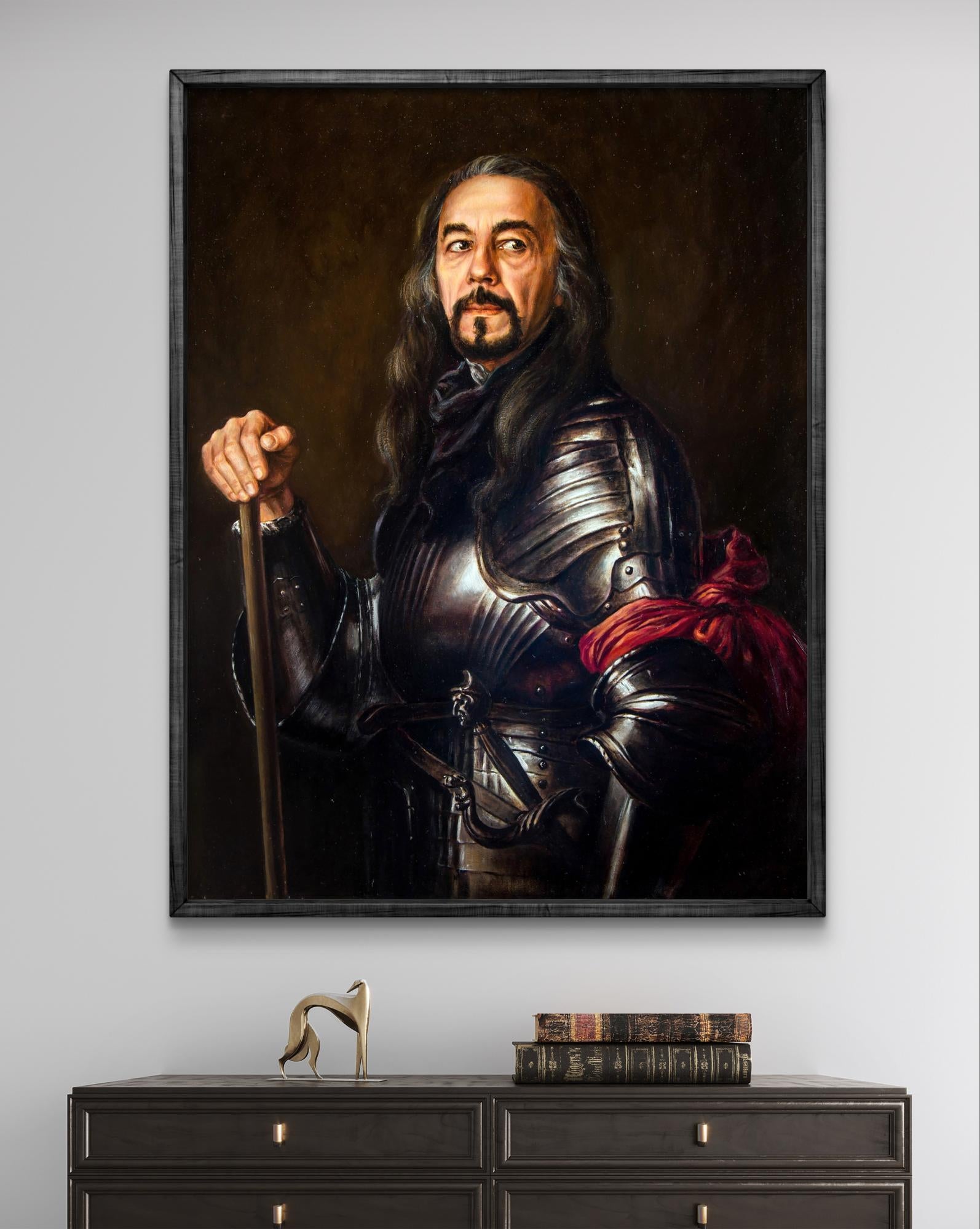 Oil painting of Valeriy Bulat self-portrait in ornate knights armor