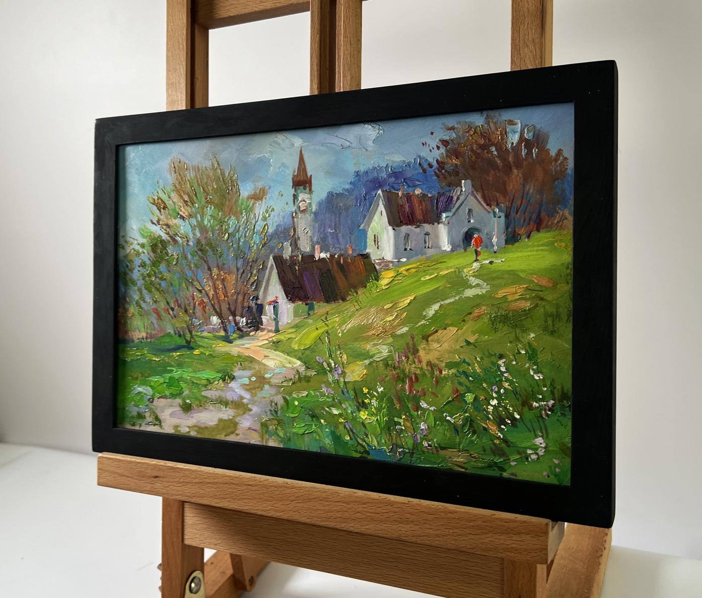 Framed impressionist oil painting of house in mountains by Yuriy Suprunchuk