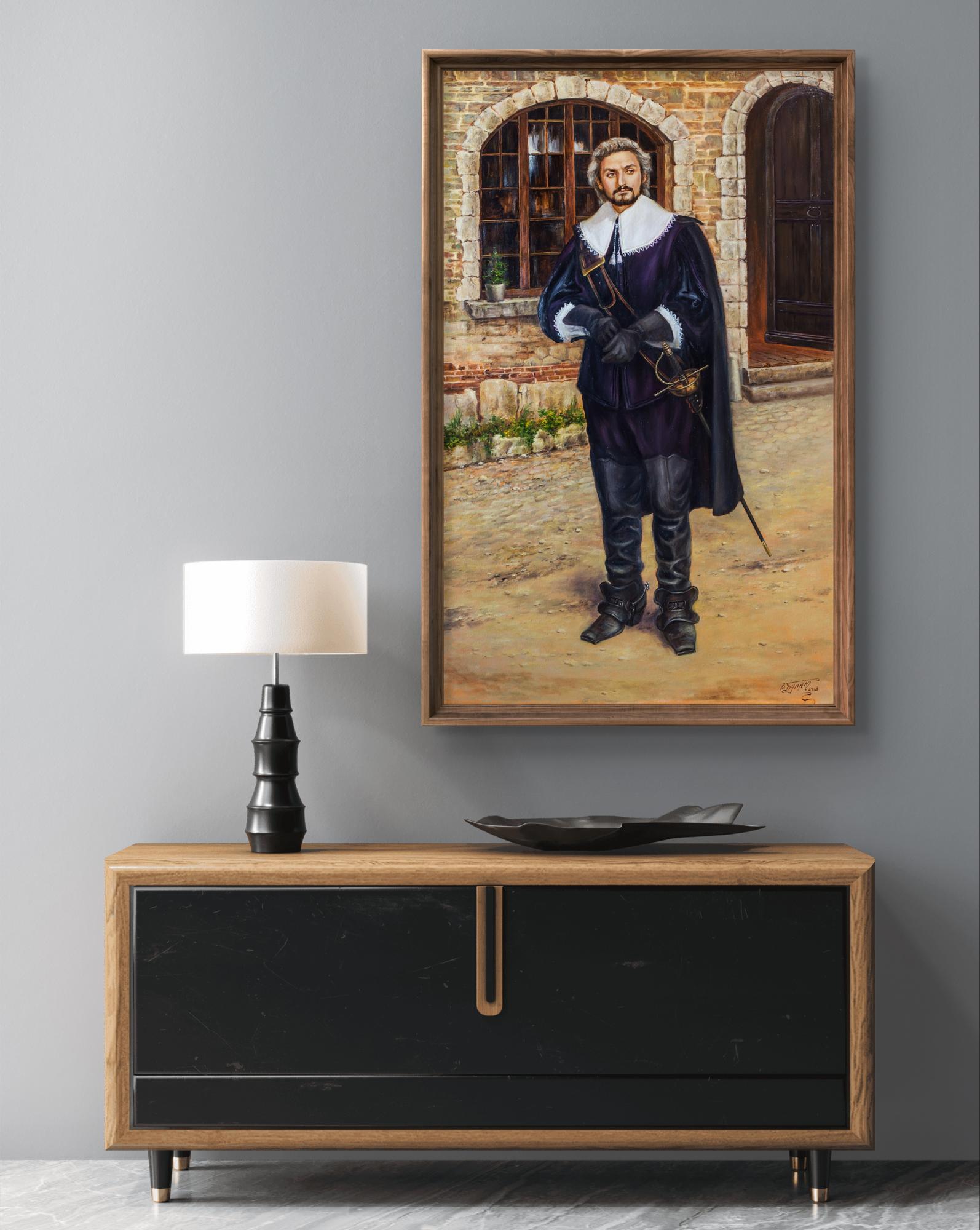 Framed oil portrait of Valeriy Bulats I rarely laugh in blue attire with lace