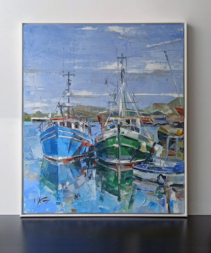 Framed Oil Painting Andalusia Volodymyr Gluhomanyuk two fishing boats in harbor