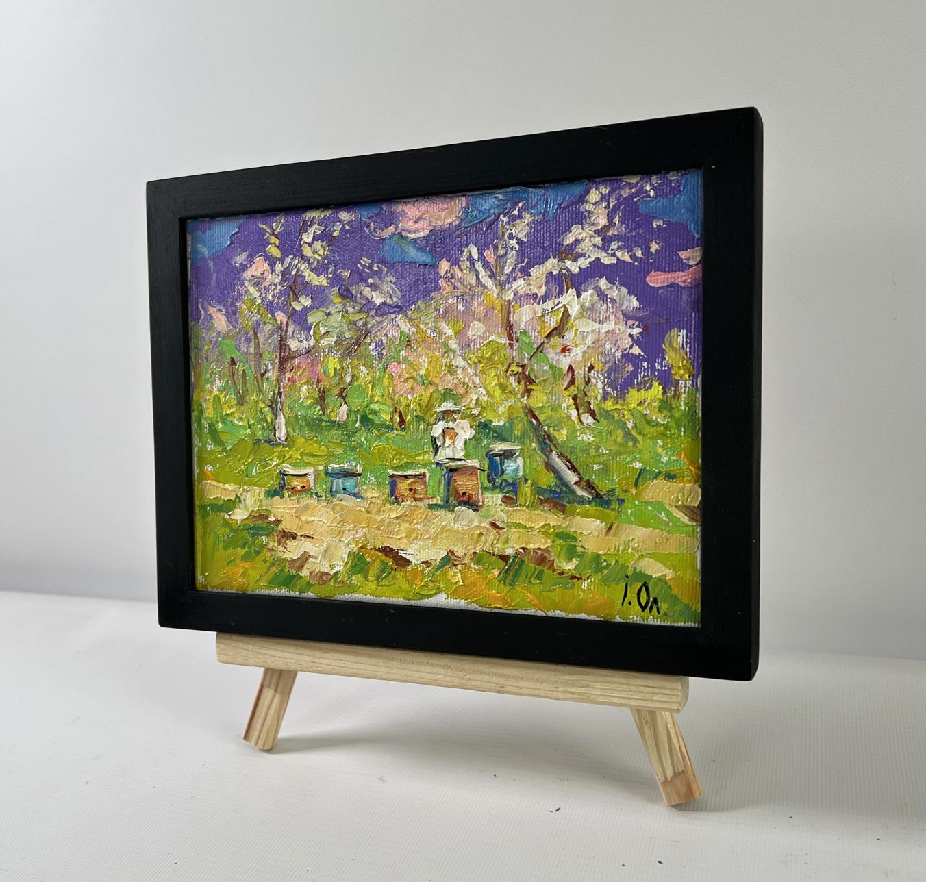 Oil painting Breath of Spring by Oleksiy Ivanyuk: beekeeping in orchard