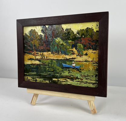 Oil painting Dawn over a quiet river by Oksana Ivanyuk blue canoe scene