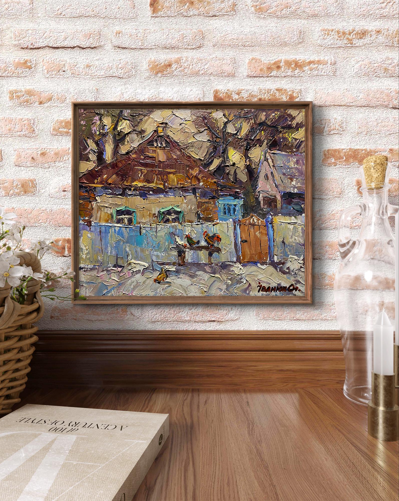 Framed impressionist oil painting of winter village near house by Oleksiy Ivanyuk