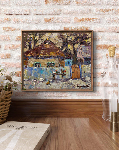 Framed impressionist oil painting of winter village near house by Oleksiy Ivanyuk