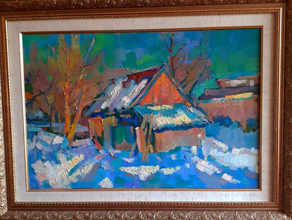 Vibrant impressionist oil painting of winter snowy morning by Peter Dobrev