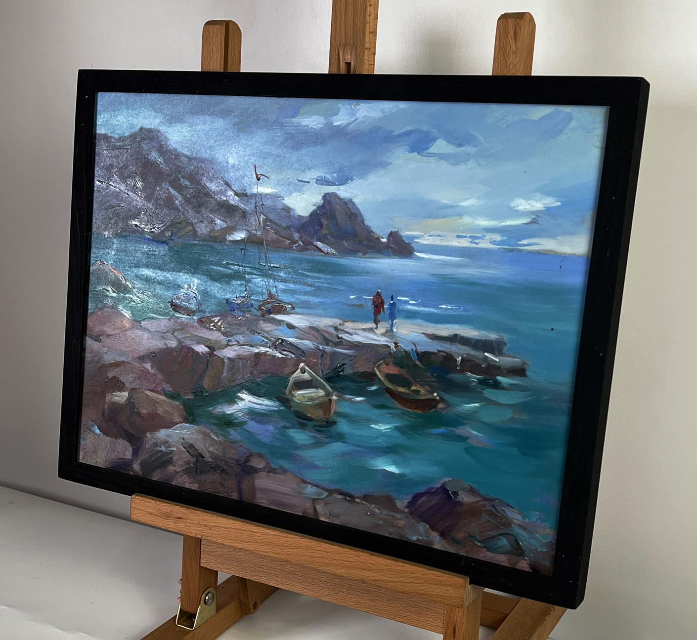 Framed Oil painting Bridge to the sea by Yuriy Suprunchuk, rocky shores and boats