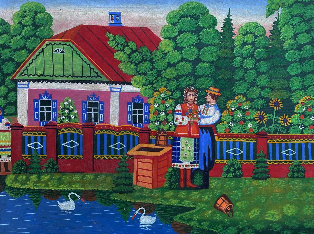 Ukrainian folk house oil painting with loving couple near river