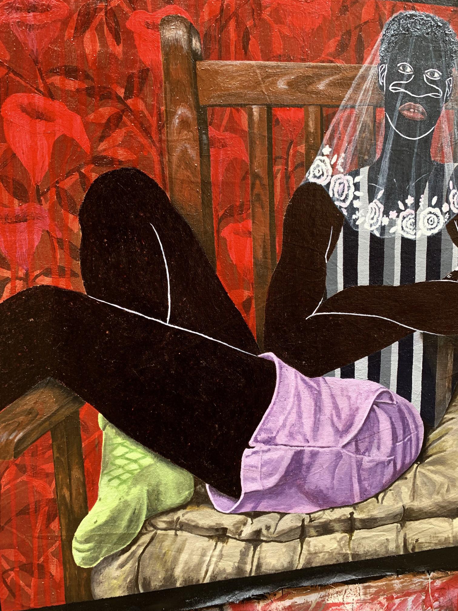 Acrylic painting Under the veil of peace by Akintomide Akinshola: woman in striped lace dress on chair