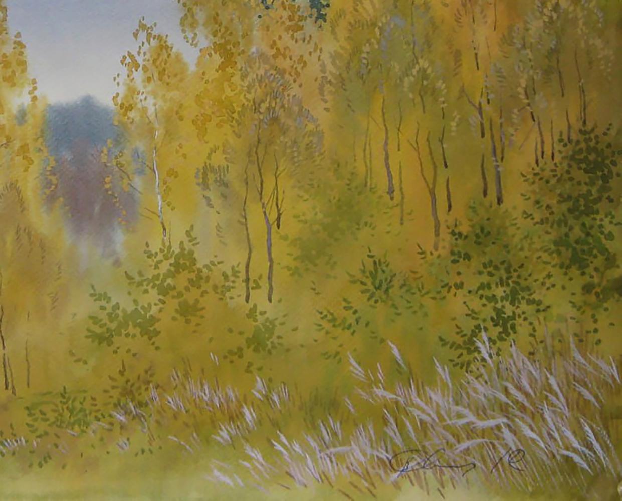Watercolor painting of autumn yellow forest by Valery Savenets