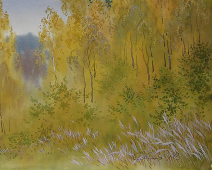 Watercolor painting of autumn yellow forest by Valery Savenets