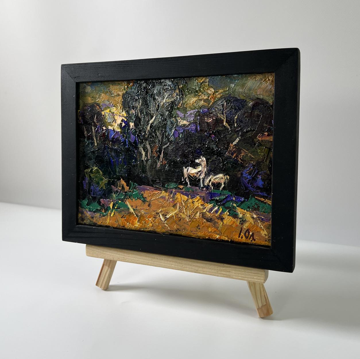Oil painting In the dark forest by Oleksiy Ivanyuk with black frame and goats